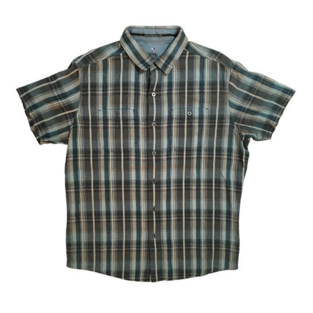 Kuhl Men's Button Front Shirt‎ Blue/Gray Plaid Double Pockets Linen/Cotton L euc